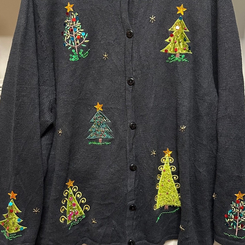 Vintage Christmas Tree Embroidered Button Up Cardigan Sweater Crystal Koke 3X - Picture 4 of 6
